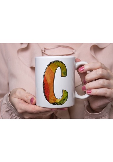 C Harf Yaprak Renkleri İle Kupa Bardak - Kişiye Özel Alfabe Harfli Bardak - Hediye Beyaz