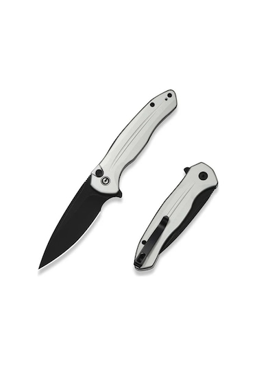 Civivi Button Lock Kitefin Silver Aluminum Handle Black Stonewashed 14c28n Blade Kamp Çakı Gümüş