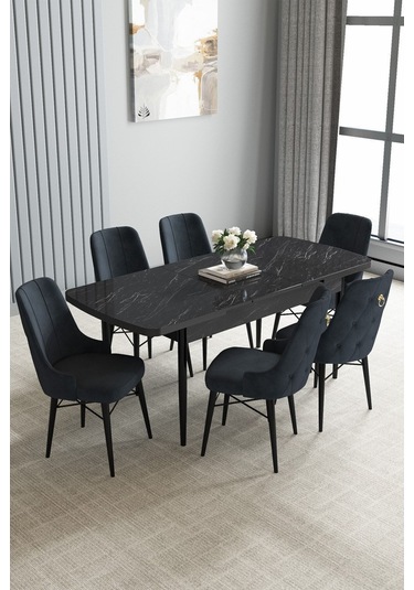 Jusie Siyah Mermer Desen 80x132 Açılabilir Mutfak Masası Takımı 6 Adet Sandalye Antrasit
