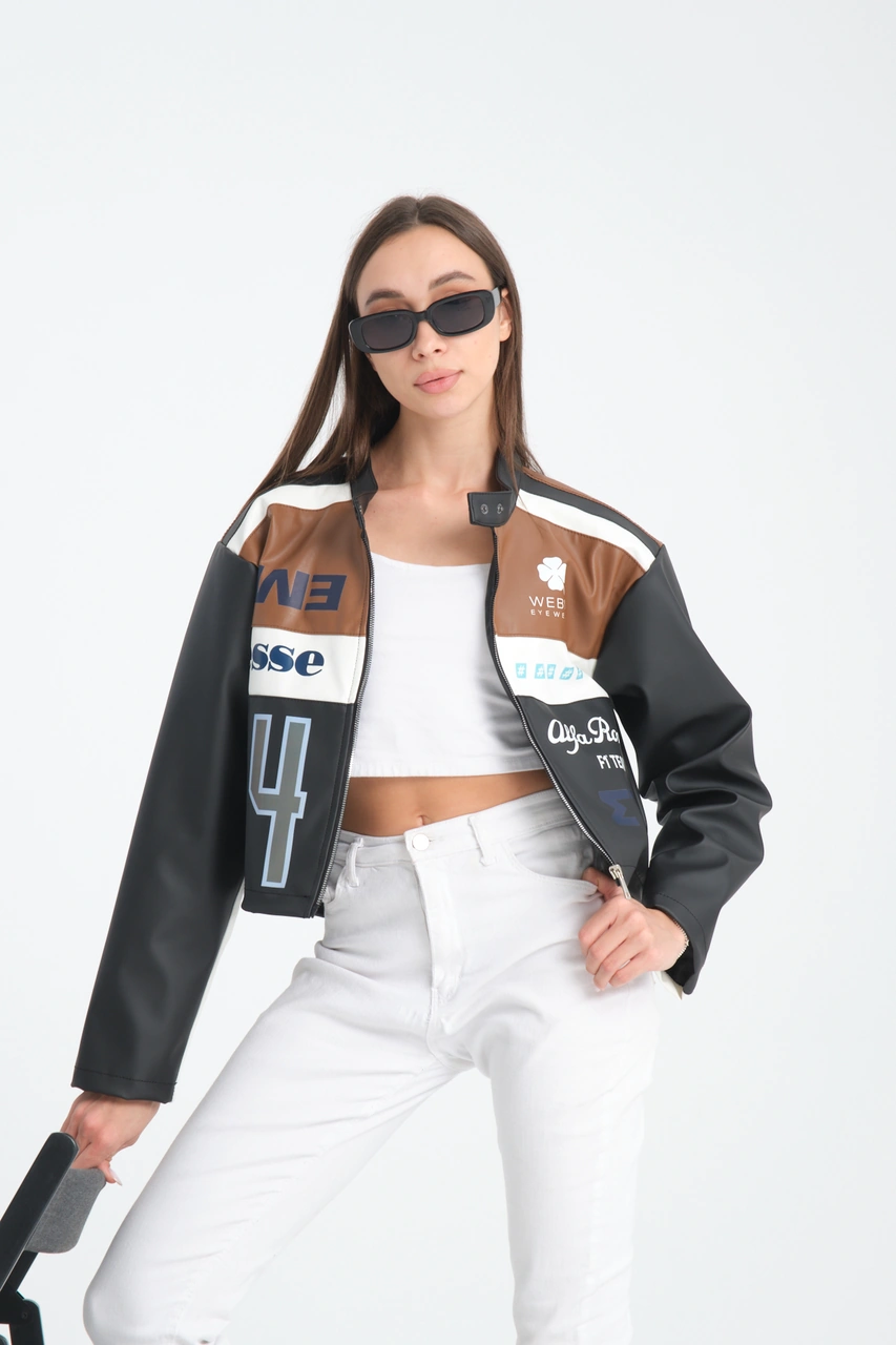 Kadın Oversize Baskılı Deri Şeritli Motorcu Montu Garnili Fermuarlı Yarışçı Ceketi Bomber Kolej Mont Kahve