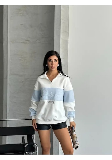 Yarım Fermuar Ikı Renklı Sweat Mavi