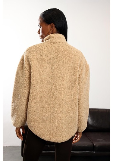 Camel Dik Yaka Peluş Mont Camel