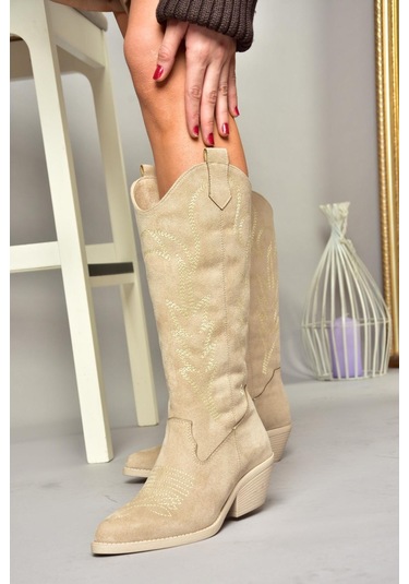 Fox Shoes T404401202 Ten Süet Kovboy Model Kadın Çizme Ten-Süet