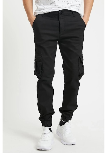 Erkek Kargo Jogger Pantolon Rahat Kesim Lastikli Paça Siyah