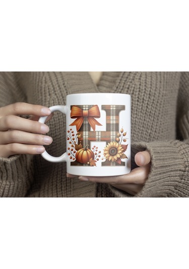 H Harfi Ekose Ve Sonbahar Temalı Kupa Bardak - Kişiye Özel Sıcak Tonlar Alfabe Kupa - Hediye Beyaz