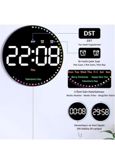 10'' Akıllı Dijital Duvar Saati Led Ekran Uzaktan Kumanda Alarm Siyah