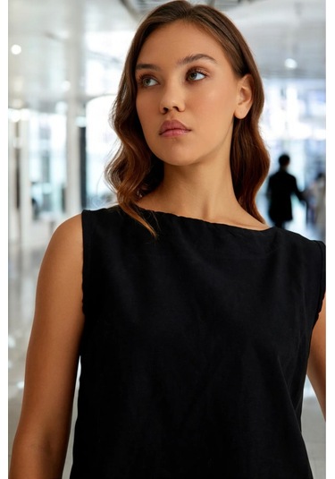 Yazlık Alt Üst Kolsuz Keten Takım siyah