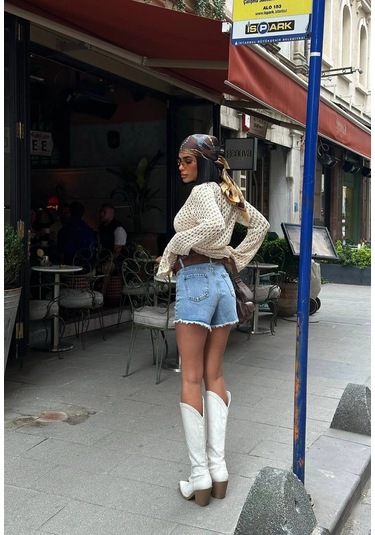 Modalima Taşlı Tasarım Mavi Jean Şort Çok Renkli