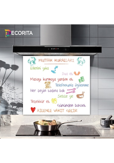 Decorita Renkli Mutfak Kuralları Cam Ocak Arkası Beyaz 52x60cm