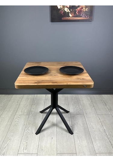 Tepe Ceviz Mutfak Yemek Masası Balkon Masası Kavisli Köşe Siyah Ayak 70 Cm