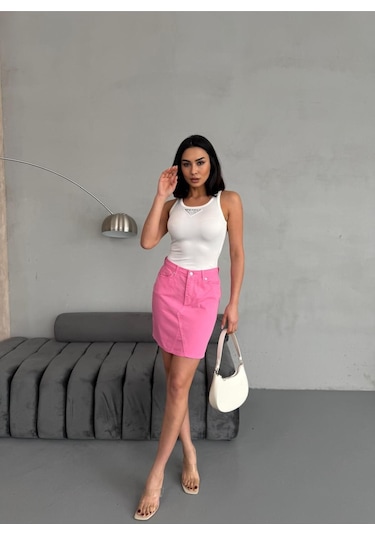 Zeo Basic Dikiş Detaylı Mini Pink Etek Pembe