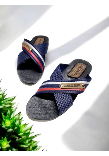 Gezer Erkek Çapraz Bant Rahat Taban Ev Ve Dışarı Terliği Lacivert - Kırmızı - Beyaz