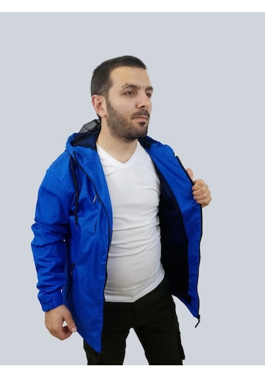 Erkek Kapüşonlu File Detaylı Saks Mavisi Yağmurluk Saks Mavisi Saks