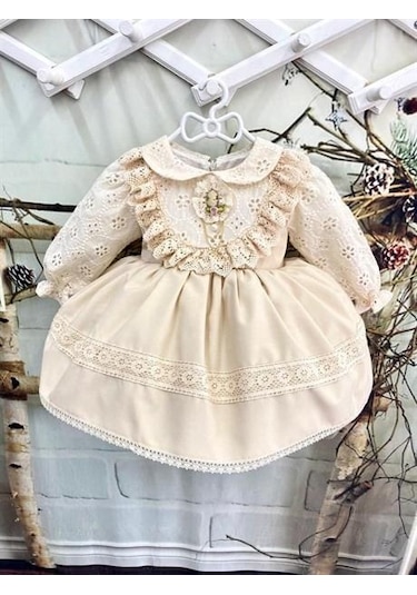 Kapiçino Vintage Kız Bebek Elbisesi,özel Dikim Kız Çocuk Elbisesi,0-12 Yaşa Uygun Kahverengi - Krem