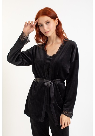 Kadın 13402-1 Dantelli Sabahlık Kadife Pijama Takım SİYAH-Siyah