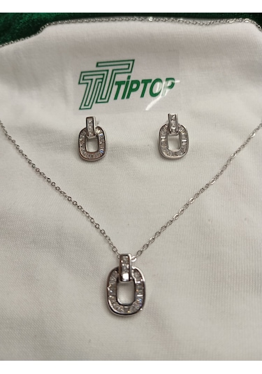 Tiptop/ Gümüş Renk Zirkon Taşlı Baget Kolye Ve Küpe Set Gümüş