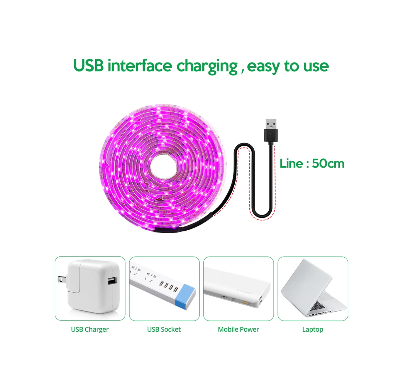 Skycity Usb 5v Tam Spektrum 2835 Smd Led Bitki Işık Şeridi, 2m Uzunluk, Ip65 Su Geçirmez, 30000+ Saat Ömür, Dıy Uyumlu Gösterildiği Gibi