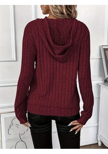 Sensuelle Kadın Uzun Kollu Kapşonlu Bağcıklı Şardonlu Kaşkorse Bluz Bordo