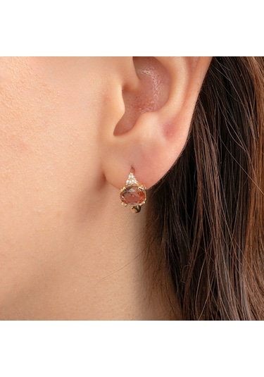 Altın Küpe - 14 Ayar Altın Oval Zultanit Taşlı Tektaş Küpe Sarı