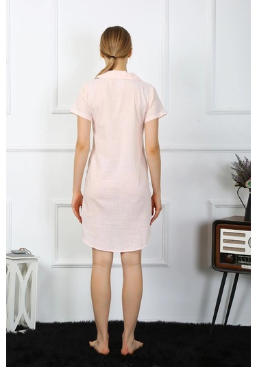 Giyim Kadın Pamuk Keten Kısa Kol Düğmeli Pudra Tunik Gecelik Pudra