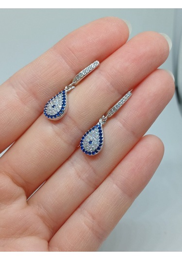 925 Ayar Gümüş Damla Şekilli Nazar Boncuğu Desenli Taşlı Küpe Zarif Ve Anlamlı Tasarım Gümüş