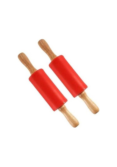 Novahub Kırmızı 2 Adet Küçük Merdaneler Çocuk Dıy Pişirme Aracı Gıda Sınıfı Silikon Yapışkan Ol Ahşap Saplı Pürüzsüz Kenar Oklava