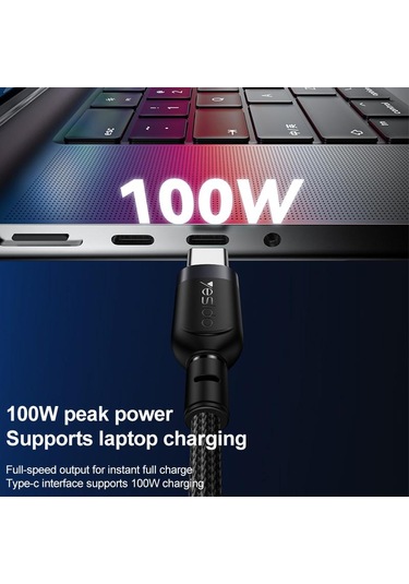 Yesido Ca92 100w 5a Usb-c / Tip-c Çift Tip-c 2 İn 1 Şarj Kablosu, Uzunluk: 1.2m Siyah