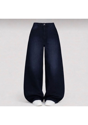 St.poll Eskitme Yıkama Vintage Unisex Baggy Jean Pantolon Lacivert