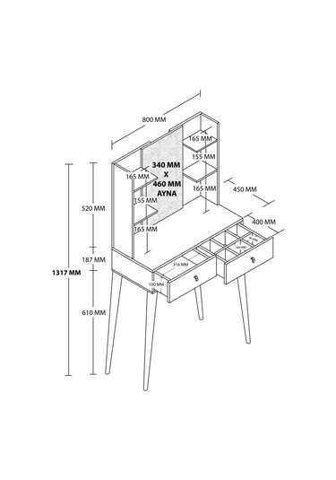 2200 Lucky Aynalı Ahşap Ayaklı 2 Çekmeceli 80 Cm Makyaj Masası