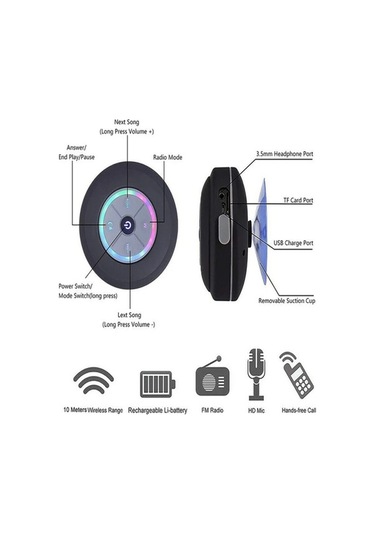 Flybuy Bluetooth 5.0 Su Geçirmez Renkli Led Vantuzlu Müzik Hoparlör Siyah