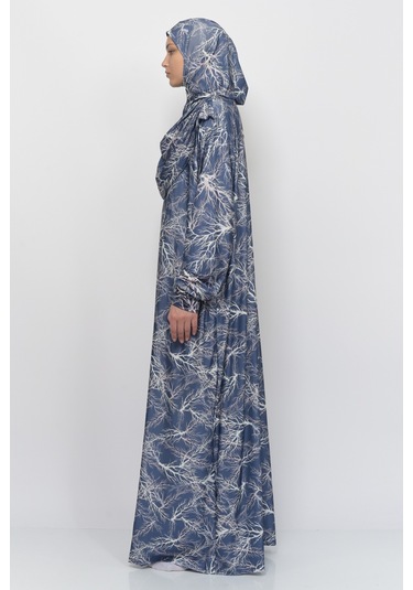 Pratik Tek Parça Ağaç Desenli Kollu Tak Çıkar Başörtülü Likralı Tesettür Namaz Elbisesi 990-0705 Lacivert Antrasit