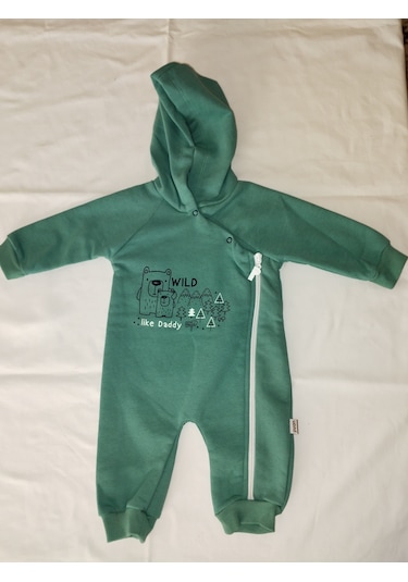 Egişbaby Erkek Bebek Kapüşonlu Ayı Baskılı Tulum Koyu Yeşil