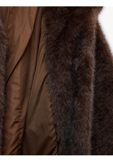 Koton Kapüşonlu Cepli Oversize Suni Kürk Kaban Kahverengi 6wak00206ew Kahve