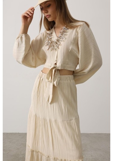 Balon Kollu Etekli Kaş Takım - Taş Altın