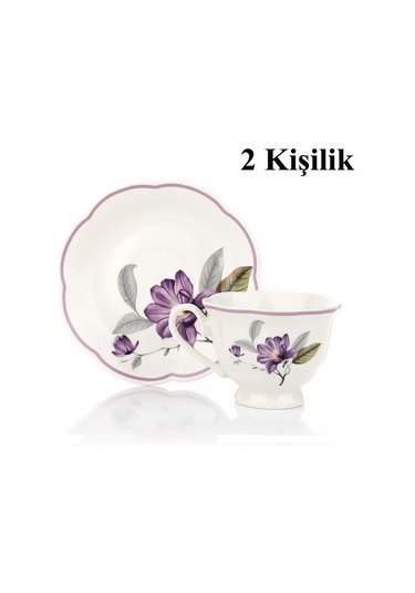 Türk Kahvesi Takımı 2 Kişilik Porselen Mor Çiçek Desenli 90 Ml Beyaz