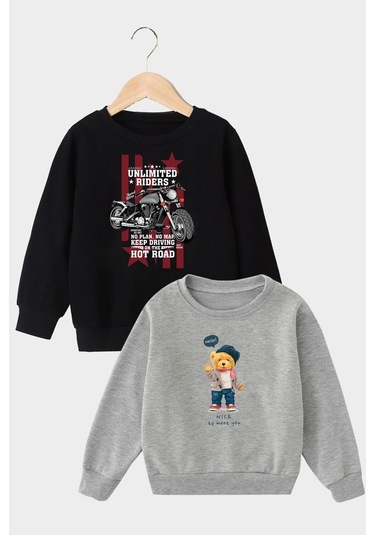 2'li Unlimited Riders-nice To Meet You Baskılı Erkek Çocuk Gri-siyah Sweatshirt Gri - Siyah1