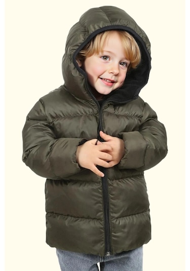 Erkek Çocuk Polarlı Kürklü Kapüşonlu Su Geçirmez Rüzgara Dayanıklı Şişme Kışlık Mont Kaban Haki