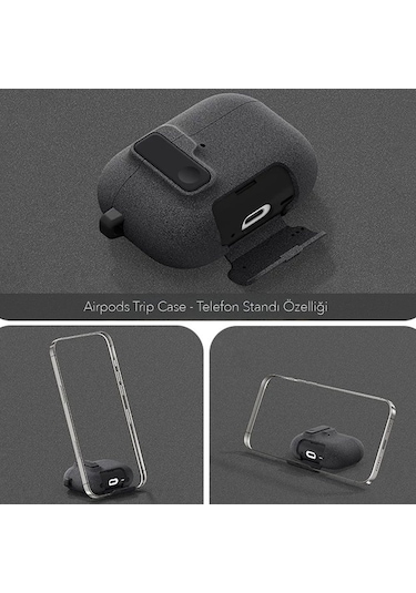 Apple Airpods Pro 3. Nesil İle Uyumlu Kılıf Standlı Kilitli Tpu Premium Matte Trip Case Siyah