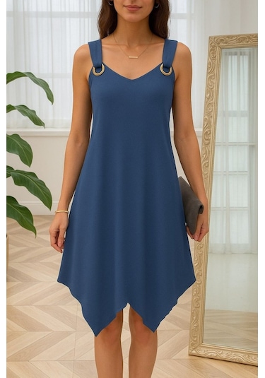 Kadın Askılı Yuvarlak Yaka Kuş Gözü Detaylı Asimetrik Viskon Elbi Lacivert