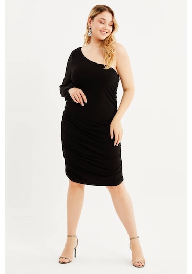 Tek Omuz Şifon Detaylı Büzgülü Elbise-1625 Siyah