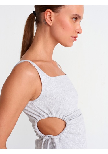 Dilvin Pencere Detaylı Uzun Elbise Gri Melanj