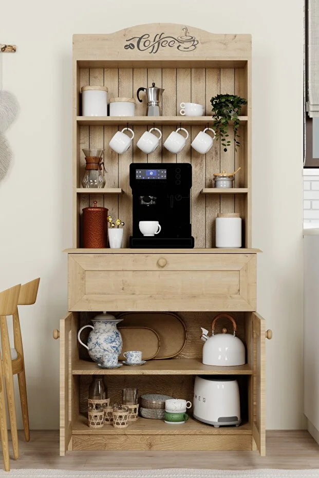 Lucas 2 Kapaklı Çekmeceli Kahve Köşesi Ve Çok Amaçlı Mutfak Dolabı - Safir Meşe Safir Meşe