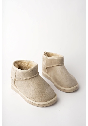 Muggo Snow Garantili Unisex Çocuk Kalın Taban İçi Tüylü Günlük Mini Yarım Bot Bej