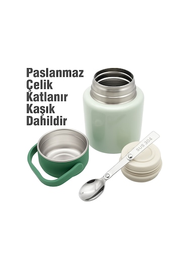 Çelik Mama Termosu Sıcak Veya Soğuk Yiyecekler İçin Öğle Yemeği Termosu 900 Ml - Yeşil Yeşil