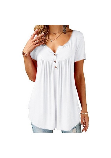 Beyaz Bayan O Boyun Düğmesi Gevşek Elastik Bayanlar Kısa Kollu Tunik Gömlek Kadın Rahat Bluzlar Tops Beyaz