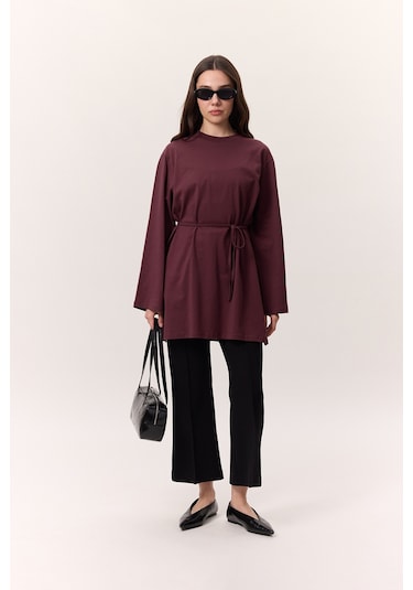 Bağlama Detaylı Oversıze Tshırt Bordo Bordo