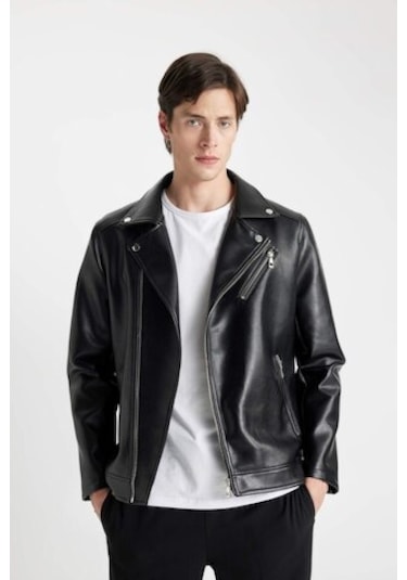 Defacto Slim Fit İnce Suni Deri Mont Ceket Dar Kesim Fermuarlı Üç Cepli Astarlı Mevsimlik Hafif C5715AX24AUBK27 Siyah