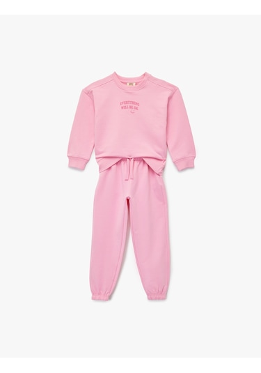 Koton Baskılı Uzun Kollu Bisiklet Yaka Şardonlu Eşofman Takımı Pembe 6wkg10223ak Gül