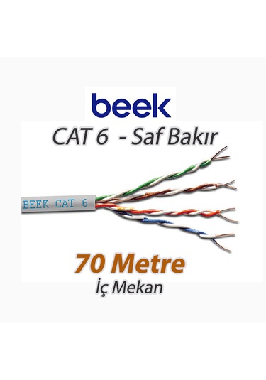 Beek Cat6 Saf Bakır F-utp Iç Mekan Data Kablosu Awg 23 1/0.4tc Od:7.5mm Lszh Gri Renk 70 Mt