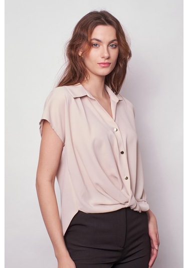 Likrasız Şık Kumaş Yakalı Düşük Omuzlu Önü Pileli Gömlek-bej Bej
